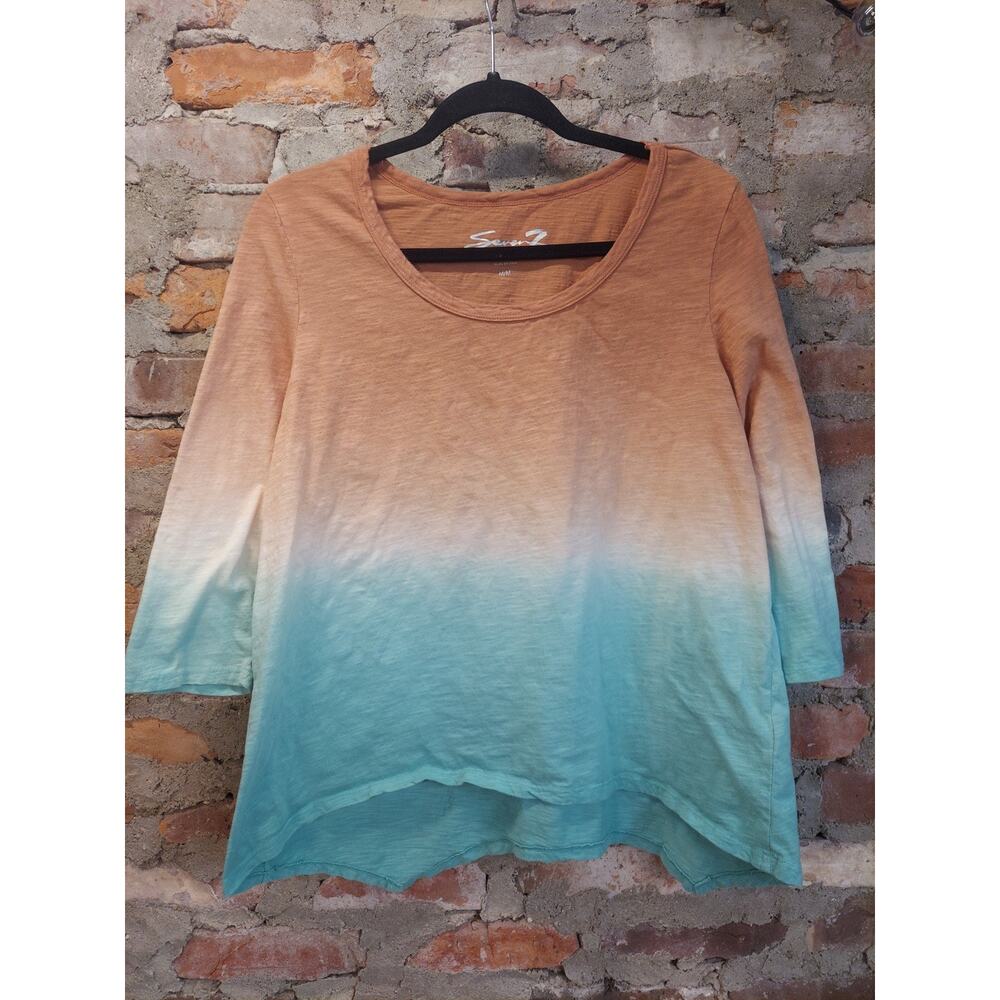 Seven7 Womens Medium 3/4 Sleeve Top Orange Teal Ombre Dip Dye High Low Hem Scoop